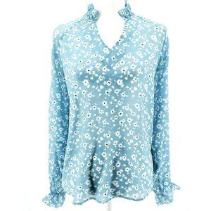 SPARKZ COPENHAGEN  Blue Floral Flowy Blouse Ruffled High V-Neck